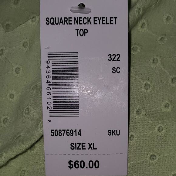 Caffe Marrakech Square Neck Eyelet Lime Green Smocked Blouse Size XL - Picture 6 of 8